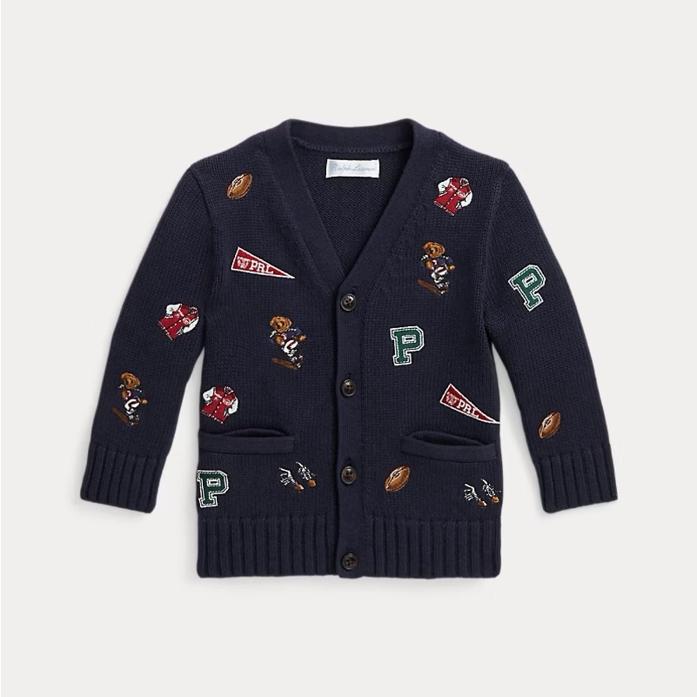Ralph Lauren Baby V-Neck Bear Varsity Embroidered Cardigan 18M